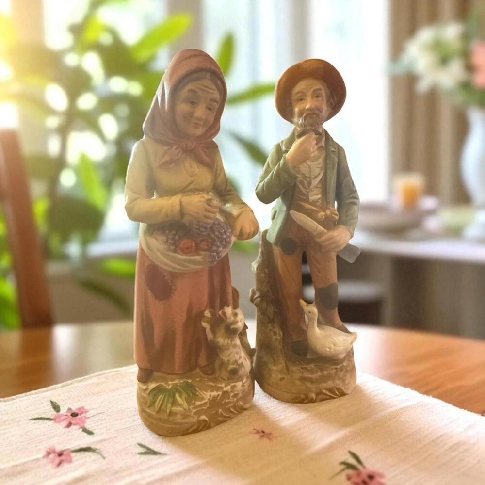 Vintage Homco Set 1417 Old Man And Woman Farmers With Dog And Duck Figurines 8”